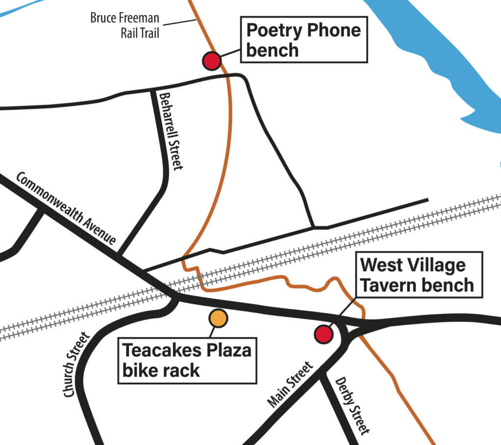 West Acton’s new bench locations are at West Village Tavern, 13 Commonwealth Avenue, and beside the Poetry Phone on the Bruce Freeman Rail Trail, Beharrell Street. A bike rack is now available at Teacakes Plaza, 53 Commonwealth Avenue. Graphic: Kim Carpenter/The Acton Bridge