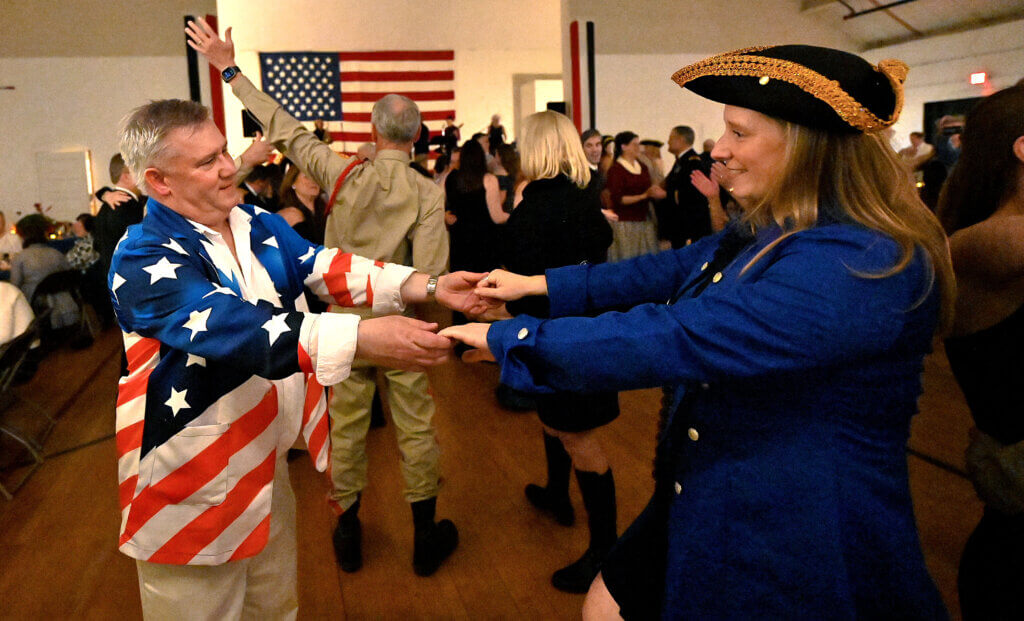 Laurence Delorme dances with his girlfriend Lauren Clausen to the music of the Love Dogs during the 2025 Patriots’ Ball at the Acton Armory on Saturday, April 12, 2025. Ken McGagh/The Acton Bridge