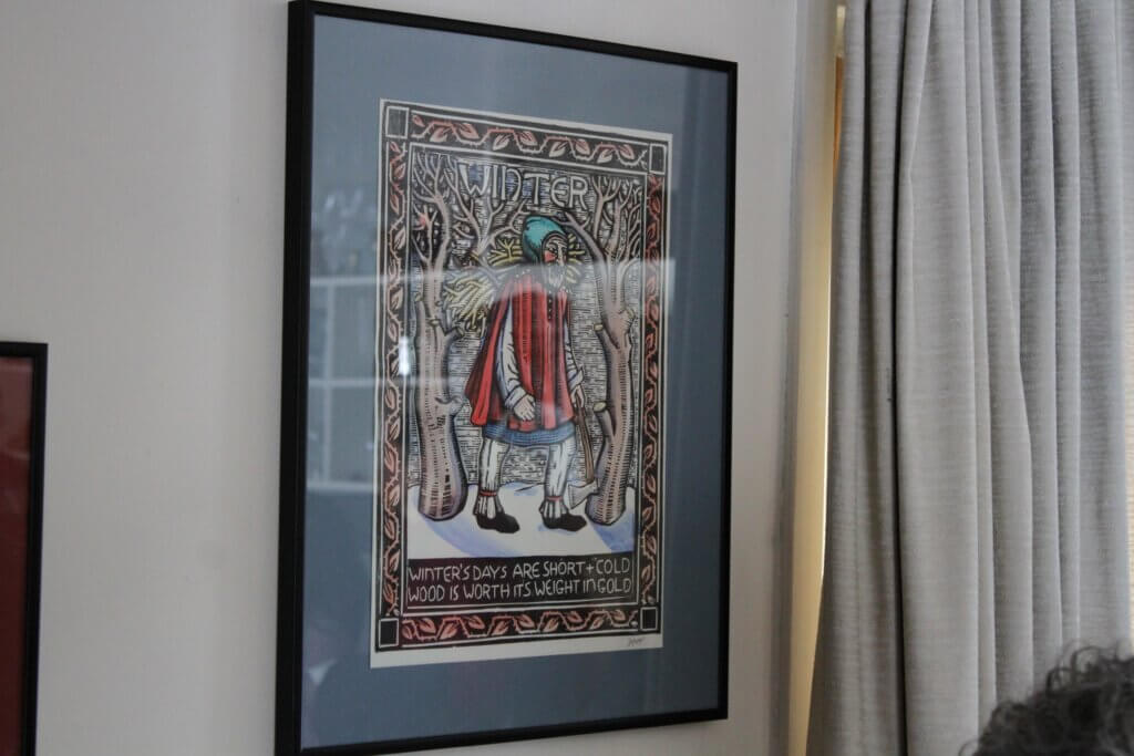 A woodcut print by artist Mary Azarian offered a fitting reminder of cold weather outside. Photo: Dakota Antelman/The Acton Bridge