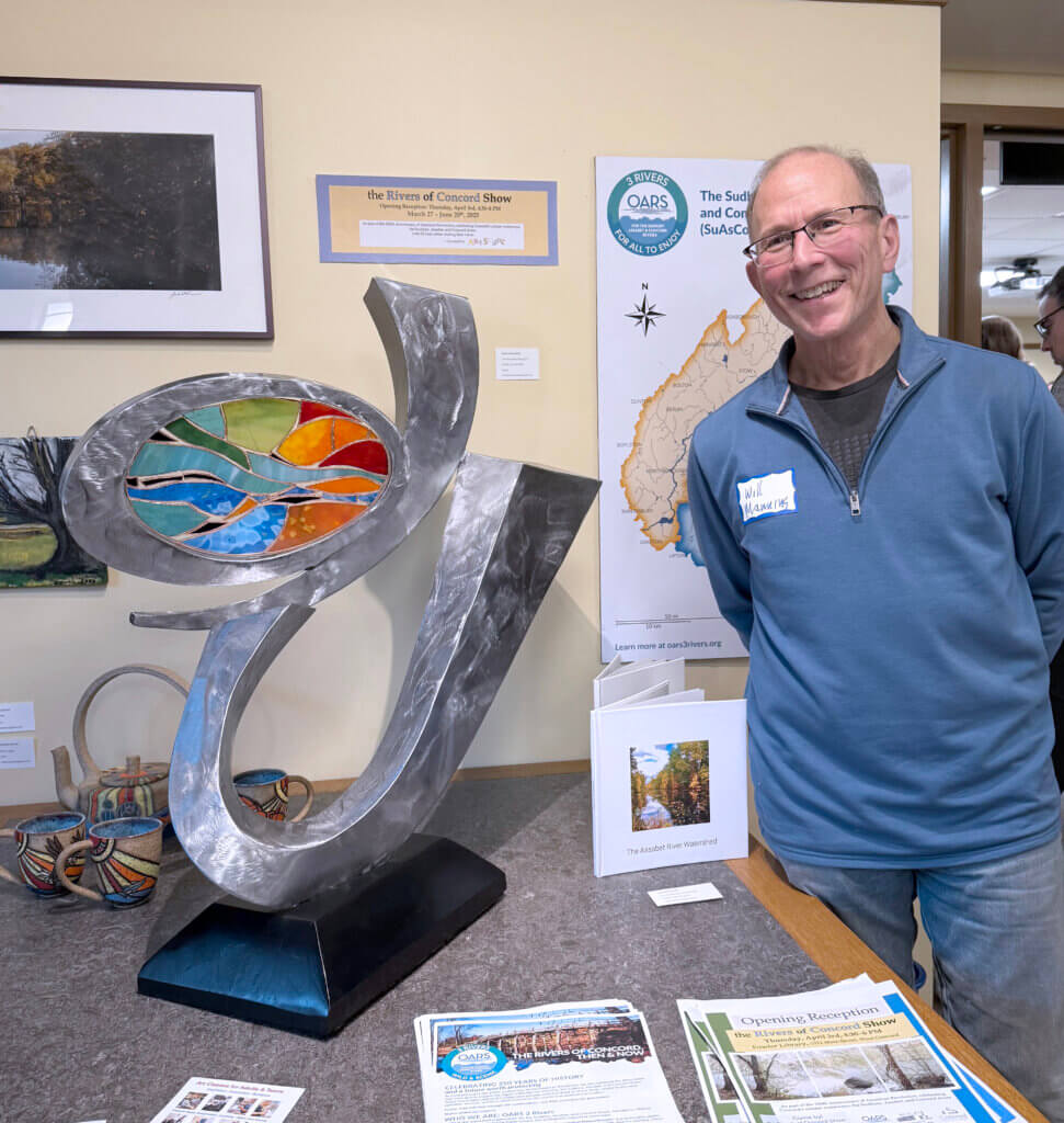“The River Runs Through It,” a steel and glass sculpture by Concordian Will Manning is in the Fowler Library show. Courtesy photo.