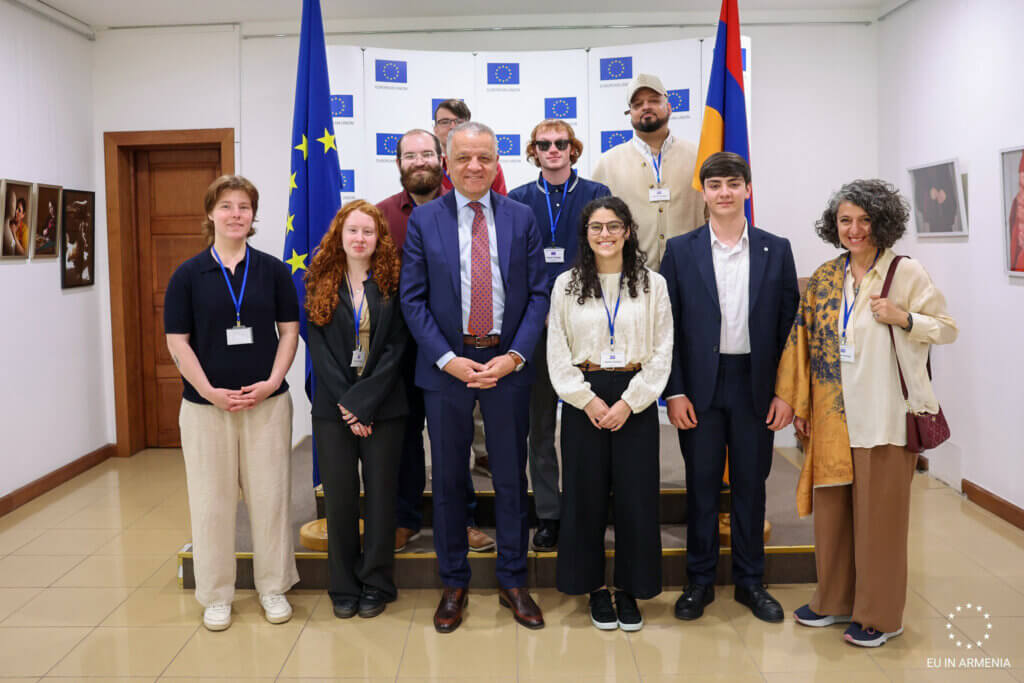 In May, Ohanyan, at right, accompanied her Stonehill students to Armenia, where they met with Vassilis Maragos, center, European Union delegation ambassador to Armenia. Photo courtesy of Anna Ohanyan
