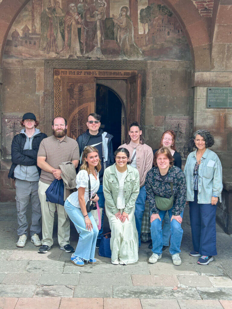 Anna Ohanyan, far right, and her Stonehill students visited the Saint Gayane Monastery, which was built in the 7th century. Photo courtesy of Anna Ohanyan