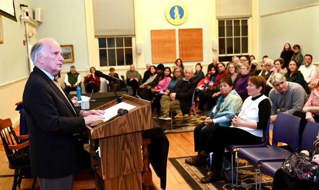 Town Caucus chair Michael Lawson, left, starts the Town Caucus at the Town House on Monday, January 27, 2025. Ken McGagh/The Acton Bridge