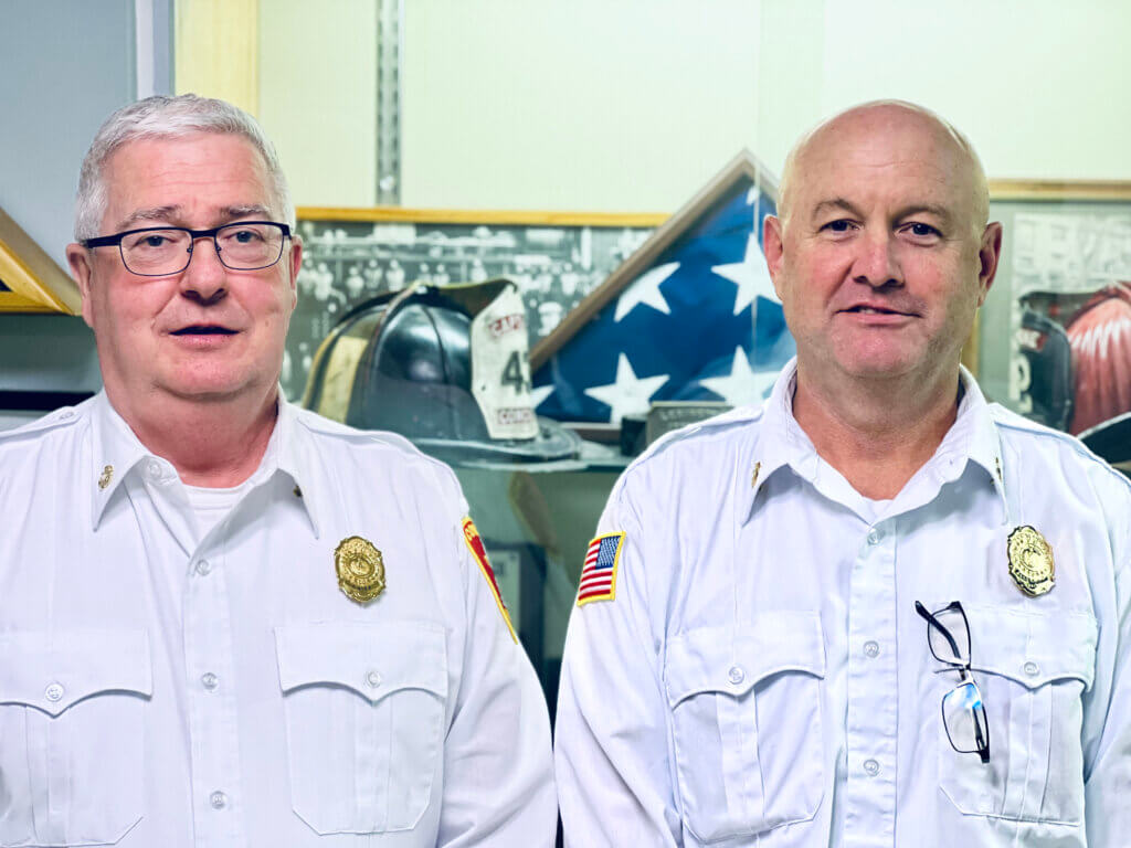 Fire Chief Thomas Judge, left, and Assistant Chief Brian Whitney at the Walden Street station. Photo: Celeste Katz Marston/The Acton Bridge