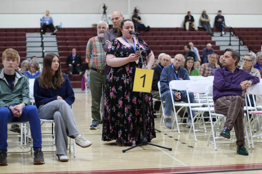 Voter Gwendolyn Humphreys spoke in support of a student-led Town Meeting petition to research a municipal composting program. Photo: Trace Salzbrenner/The Acton Bridge