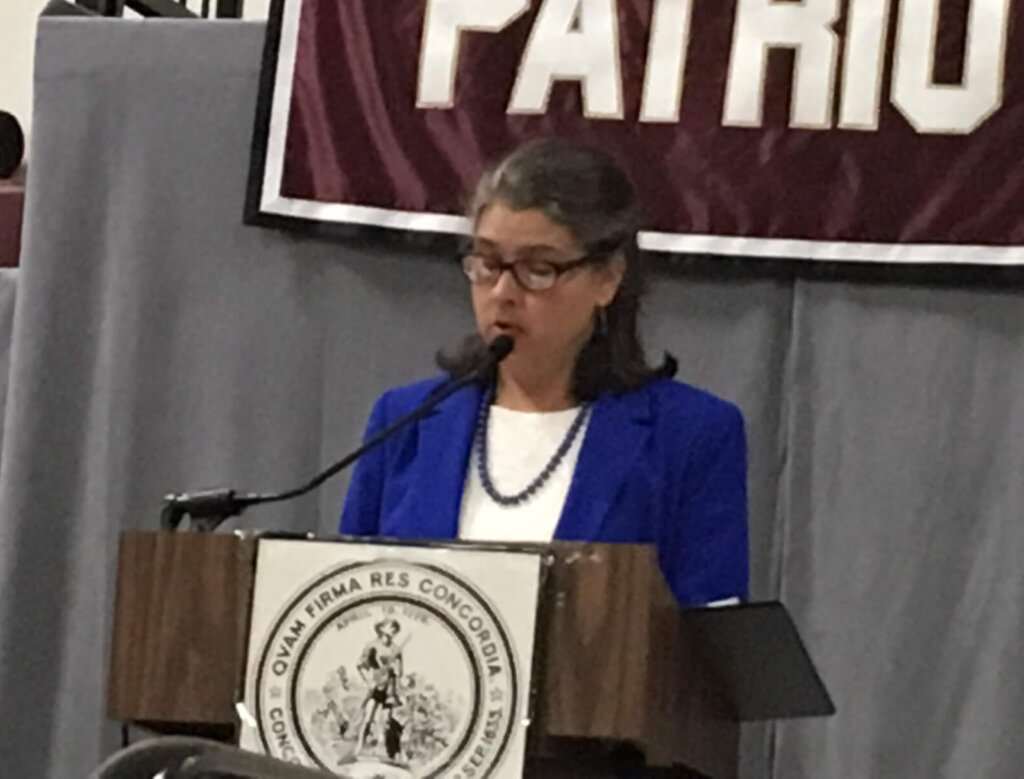 Carmin Reiss presides over her first Annual Town Meeting in 2017. Courtesy photo