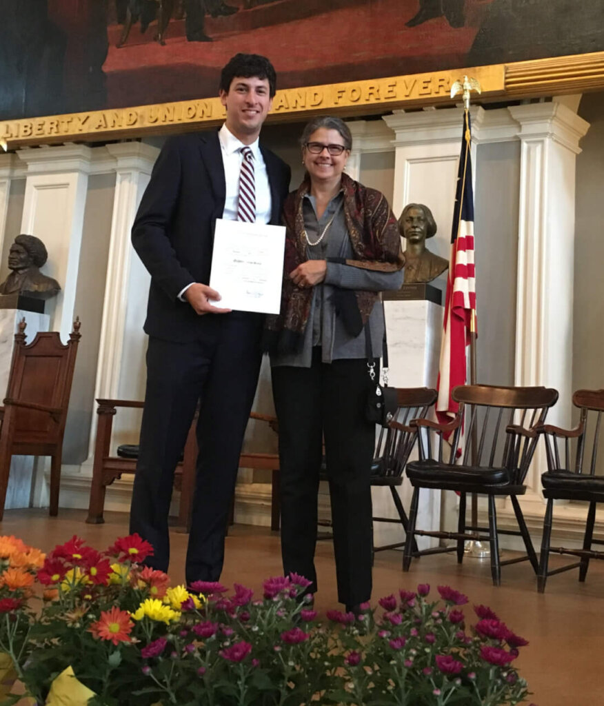 Carmin Reiss and her son Nick Green at Faneuil Hall, Boston, in 2017 for his induction into the Massachusetts Bar Association. Courtesy photo