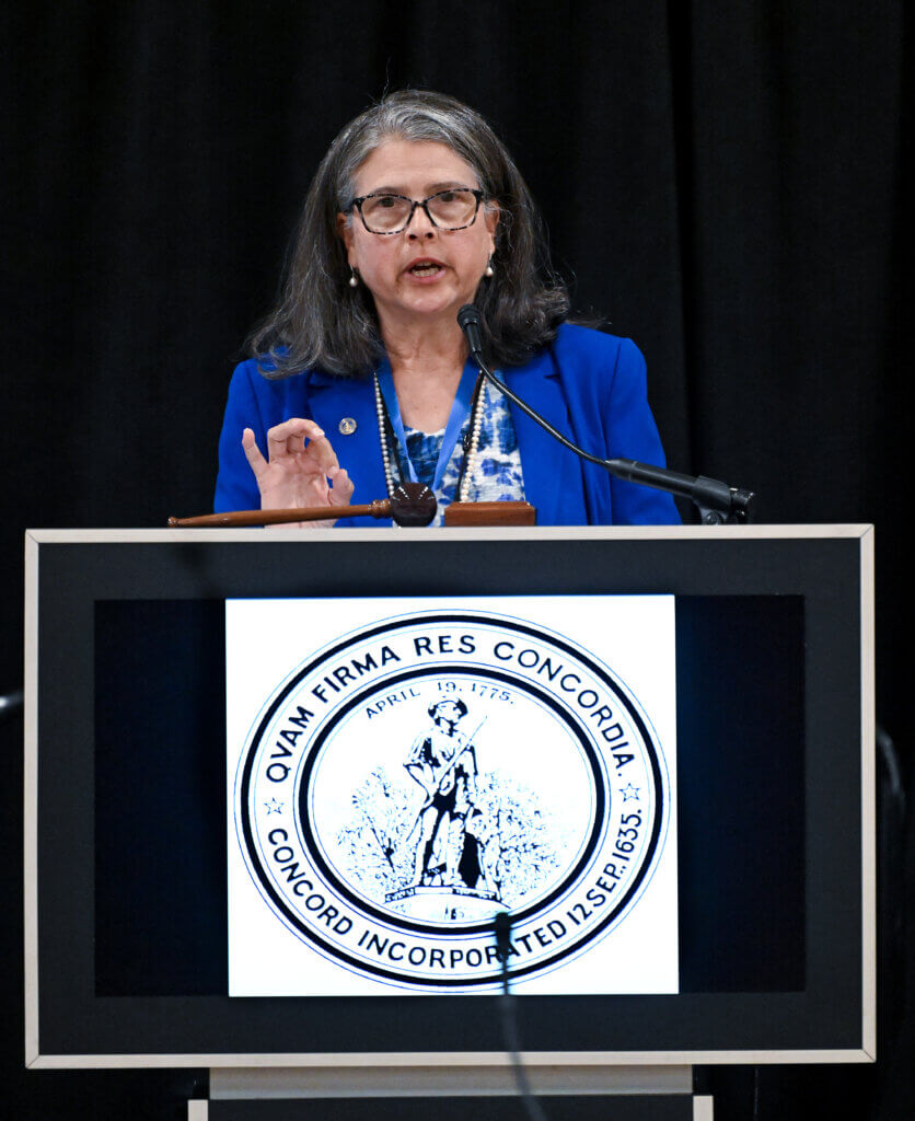 Town Moderator Carmin Reiss speaks during Town Meeting on Monday. Photo: Ken McGagh/The Acton Bridge