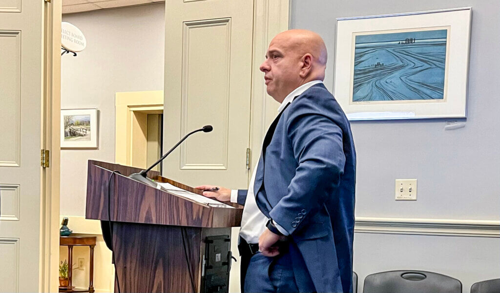 Then-Chief Financial Officer Anthony Ansaldi addresses the Select Board. Photo: Celeste Katz Marston/The Acton Bridge