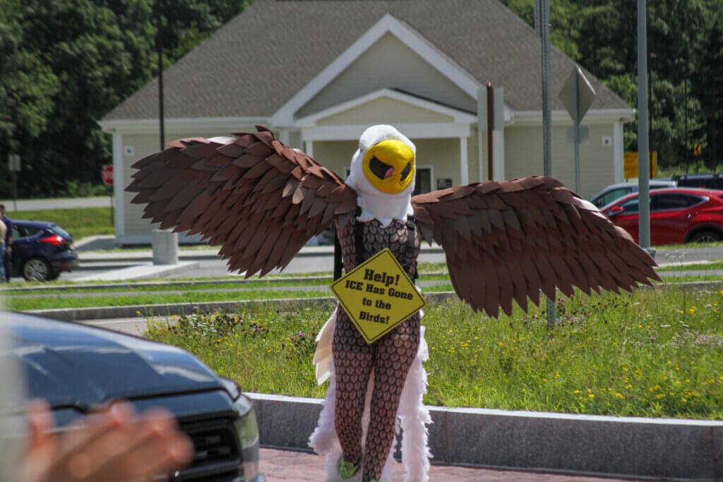A protester dances in an eagle costume at the Hanscom Field rotary. Photo: Dakota Antelman/The Acton Bridge