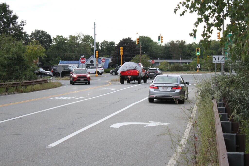 Traffic regularly backs up at the Baker Avenue Extension exit on Route 2. The intersection has seen two crashes with serious injuries in the past five years, according to MassDOT data. Photo: Dakota Antelman/The Acton Bridge