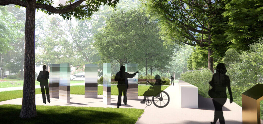 A rendering shows glass signs honoring underrepresented people at a proposed new permanent memorial in Acton Center. Image via Town of Acton