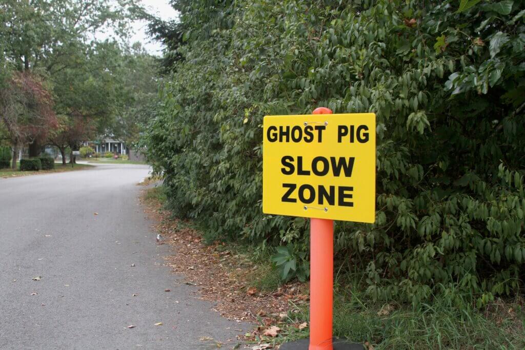 A sign from Ghost Pig Inc. — the production company working on “Super Troopers 3” — stands at the corner of Harrington Avenue and Old Mill Road. Photo: Dakota Antelman/The Acton Bridge