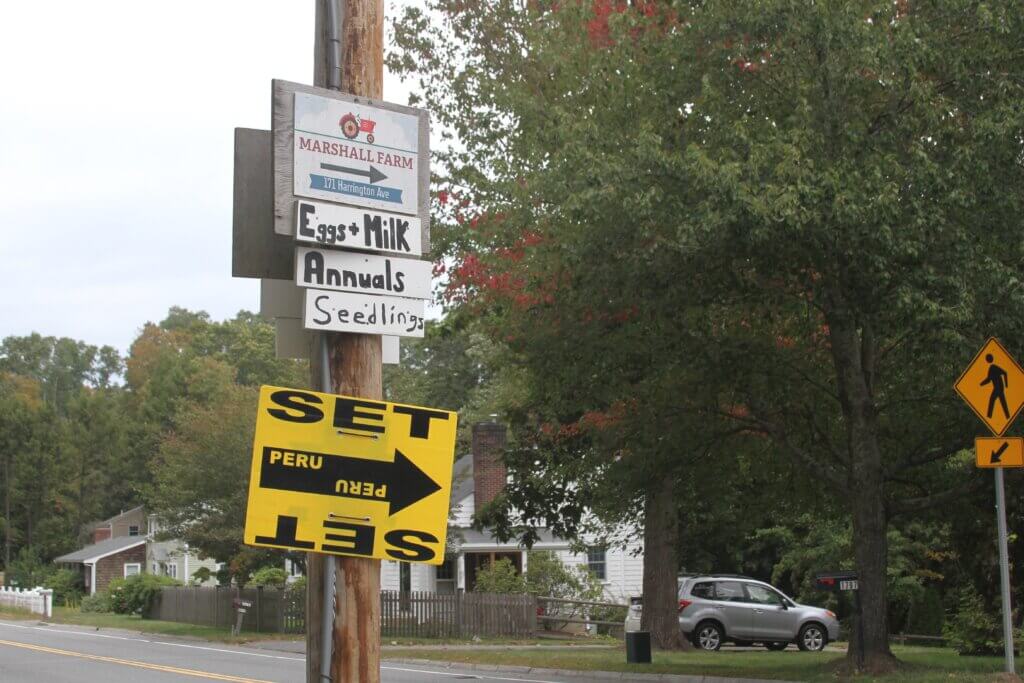 Signs directed cast and crew members for “Super Troopers 3” toward their set in Acton. Photo: Dakota Antelman/The Acton Bridge