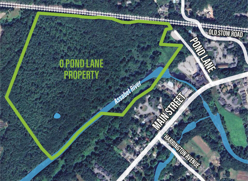 Undeveloped land at 0 Pond Lane is located between the Assabet River and the MBTA tracks in West Acton. Graphic: Kim Carpenter/The Acton Bridge