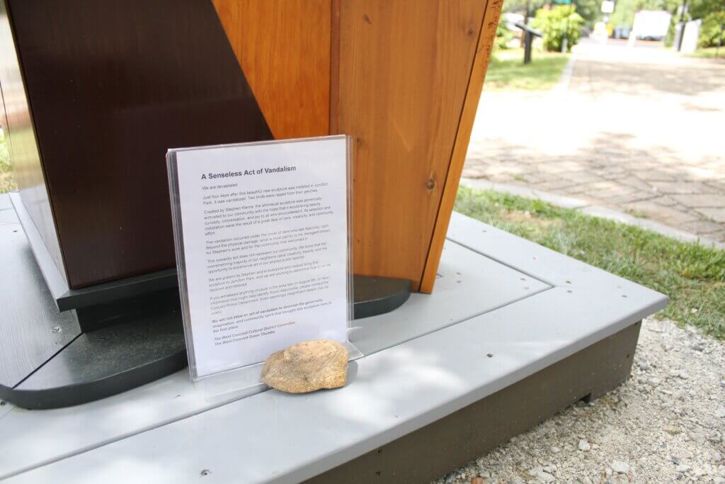 West Acton Cultural District Committee and West Acton Green Thumbs members wrote a letter condemning the vandalism of a new statue in West Acton. Photo: Dakota Antelman/The Acton Bridge
