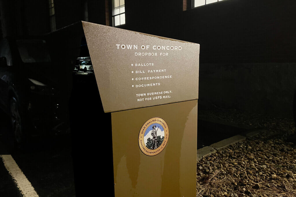 Residents who vote by mail can drop their ballots off in the drop box outside the Town House ahead of next month’s municipal election. Photo: Dakota Antelman/The Acton Bridge
