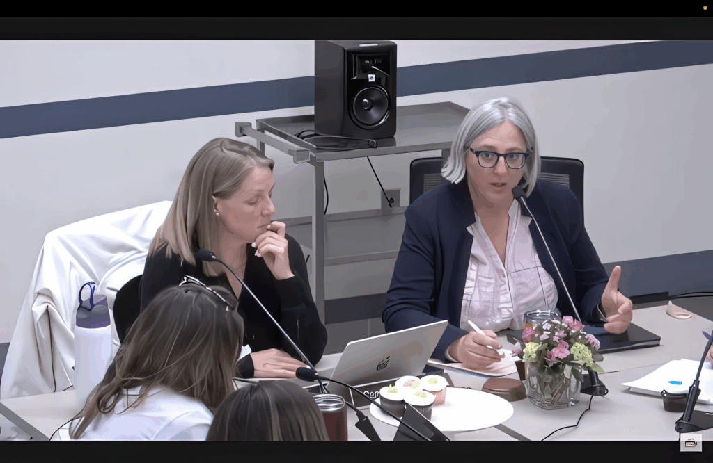 Julie Viola, right, expressed frustration about complaint records requests at a May 20 School Committee meeting. Image via Minuteman Media Network