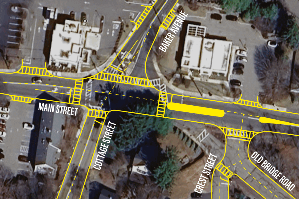 The proposed roadway redesign is shown in yellow. Graphic: Kim Carpenter/The Acton Bridge
