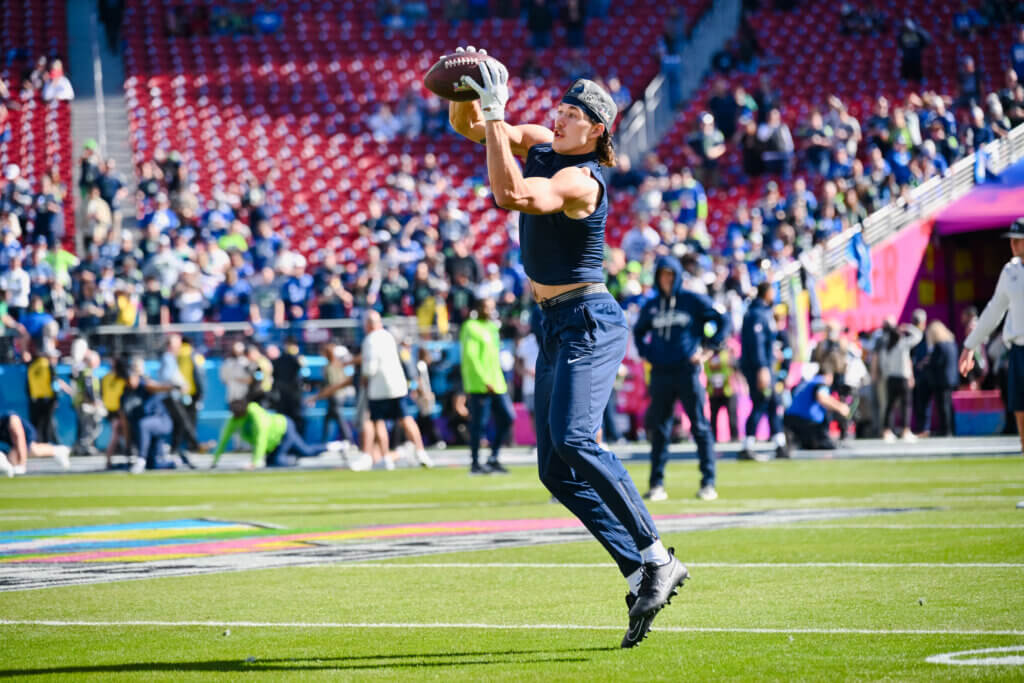 Seattle Seahawks wide receiver Jake Bobo warms up for Super Bowl LX. Photo by Edwin Hooper