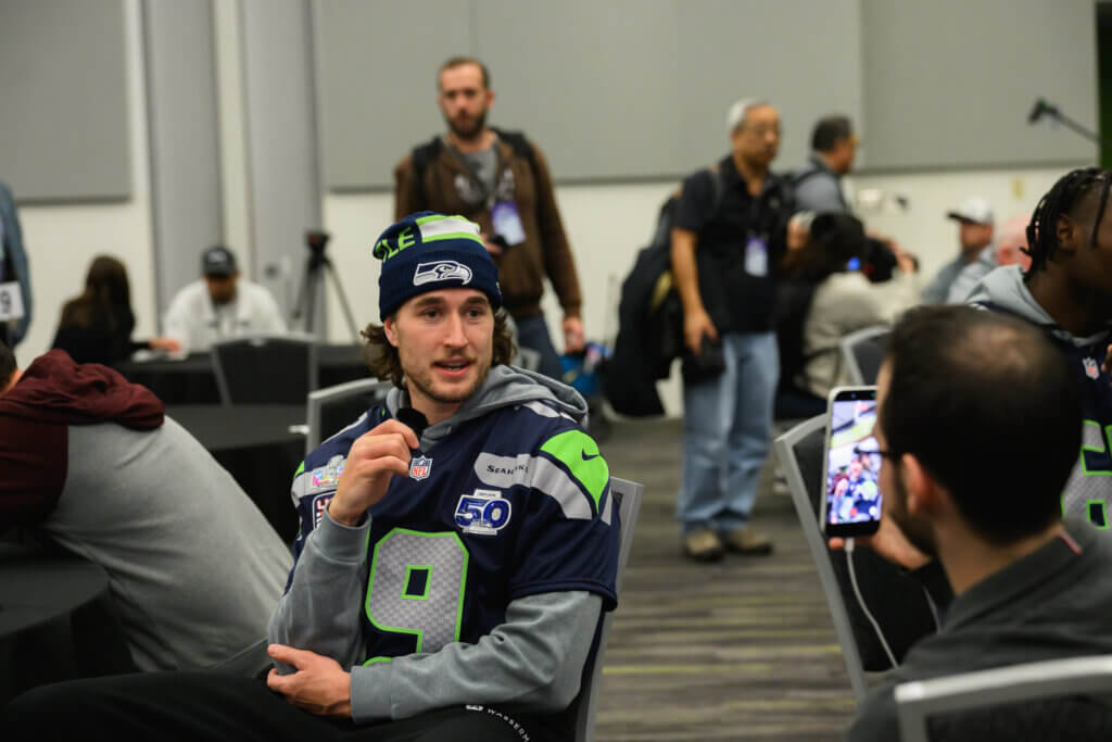 Seattle Seahawks wide receiver Jake Bobo on Media Day ahead of Super Bowl LX. Photo courtesy of NFL Media
